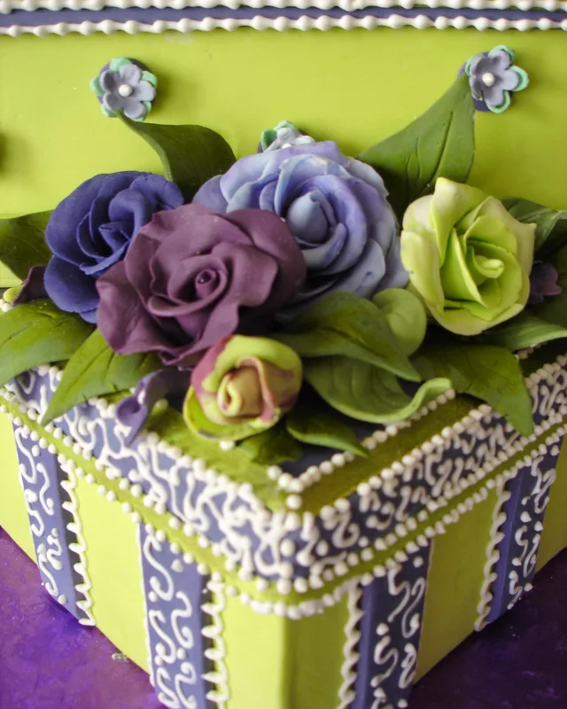 Lime and lavender gift-box cake with sugar roses